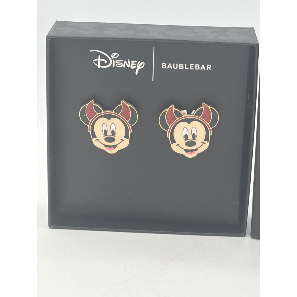 Disney BaubleBar Mickey Mouse Devil Halloween Stud Earrings Gold Red Glitter Box